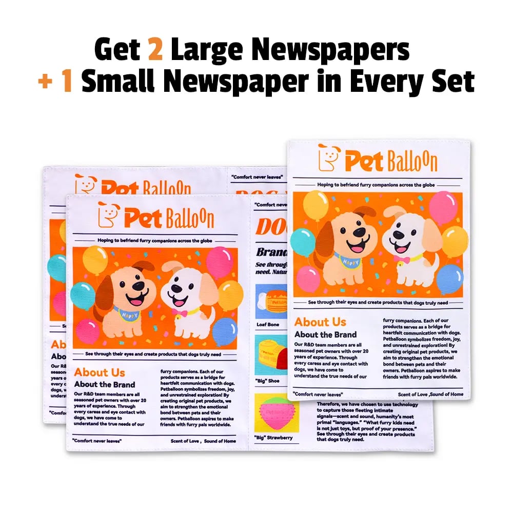 Three newspaper-style dog toys arranged together — durable, crinkly, and ready for play