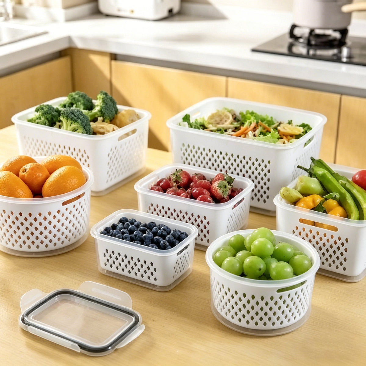 5 Pack Fridge Organizers and Storage - Stackable Fruit Storage Containers for Fridge with Removable Colander