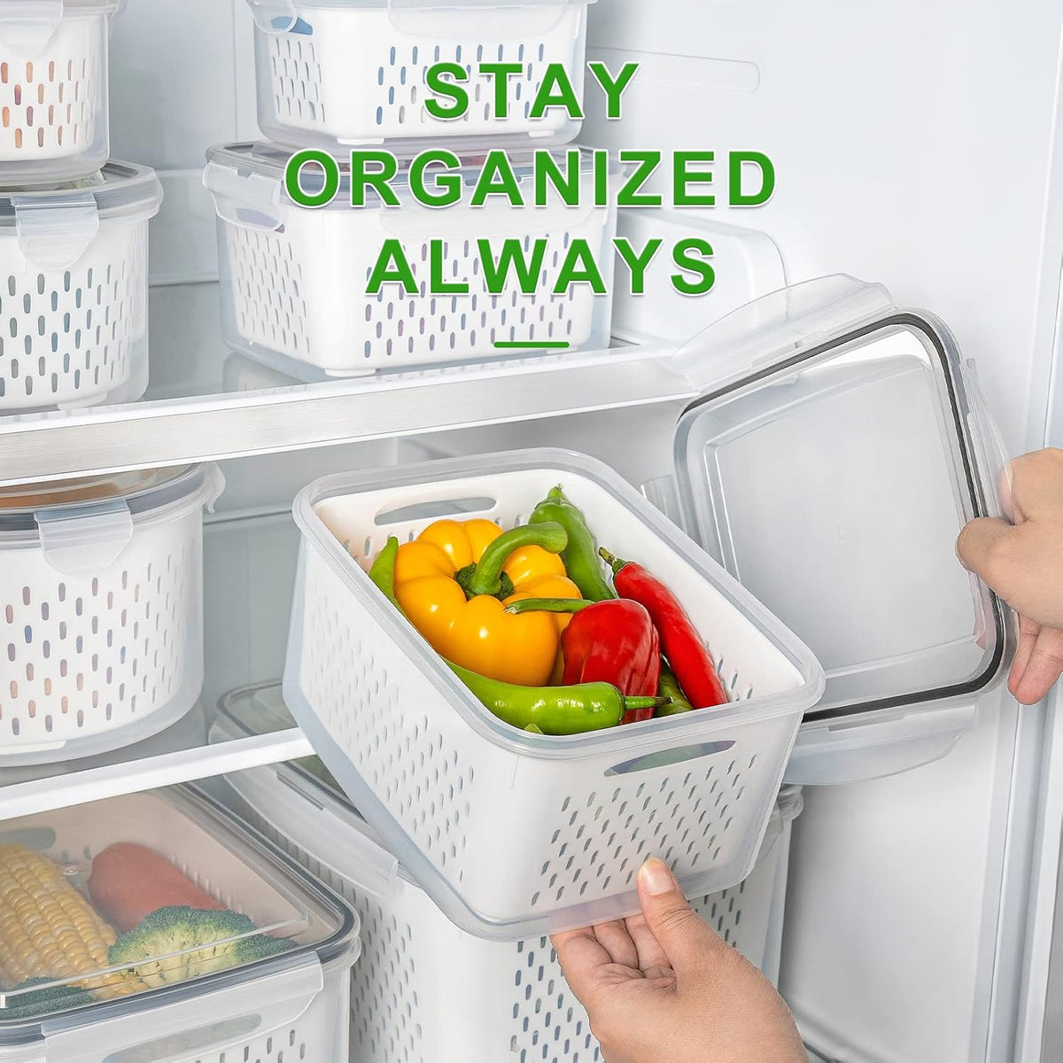 5 Pack Fridge Organizers and Storage - Stackable Fruit Storage Containers for Fridge with Removable Colander