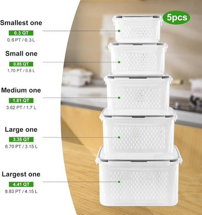 5 Pack Fridge Organizers and Storage - Stackable Fruit Storage Containers for Fridge with Removable Colander