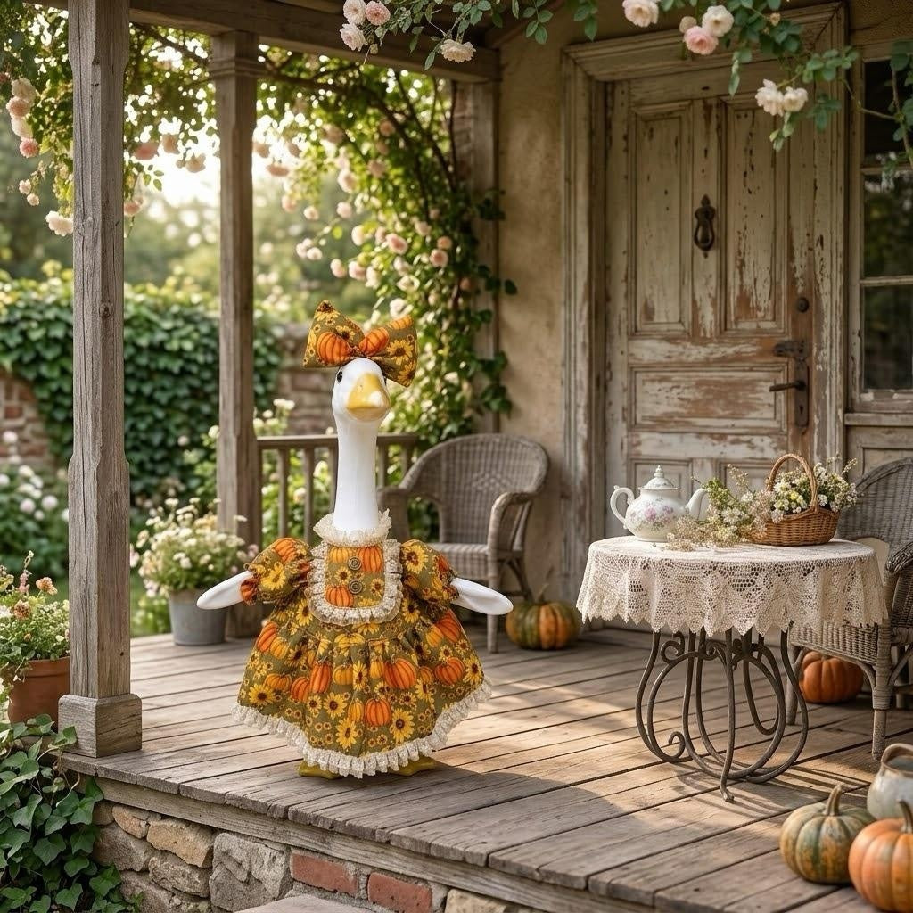 🎃Special Offer🌻 Country Harvest Porch Goose Dress – 23" Lawn Goose Pumpkin Sunflower Turkey Day Outfit