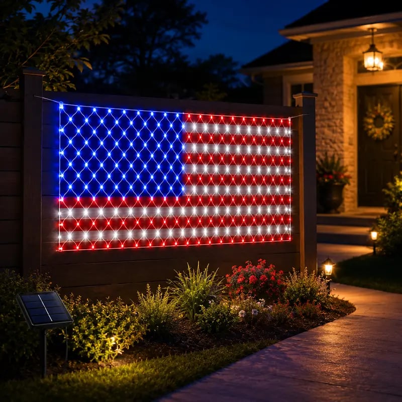 USA Solar Flag Net Lights – Outdoor Decor for Memorial & Independence Day