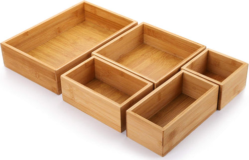 5 Bamboo Drawer Organizer Boxes, Desk Storage Box Kit