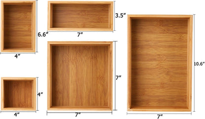 5 Bamboo Drawer Organizer Boxes, Desk Storage Box Kit