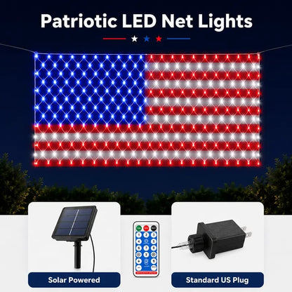 USA Solar Flag Net Lights – Outdoor Decor for Memorial & Independence Day