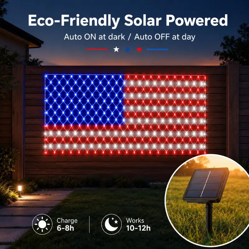 USA Solar Flag Net Lights – Outdoor Decor for Memorial & Independence Day