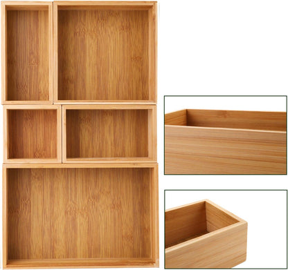 5 Bamboo Drawer Organizer Boxes, Desk Storage Box Kit