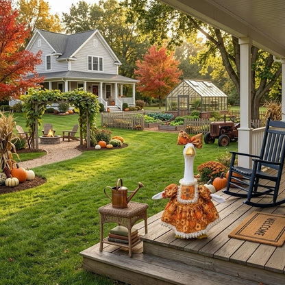 🎃Special Offer🌻 Country Harvest Porch Goose Dress – 23" Lawn Goose Pumpkin Sunflower Turkey Day Outfit