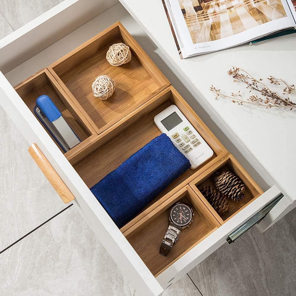 5 Bamboo Drawer Organizer Boxes, Desk Storage Box Kit