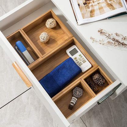 5 Bamboo Drawer Organizer Boxes, Desk Storage Box Kit