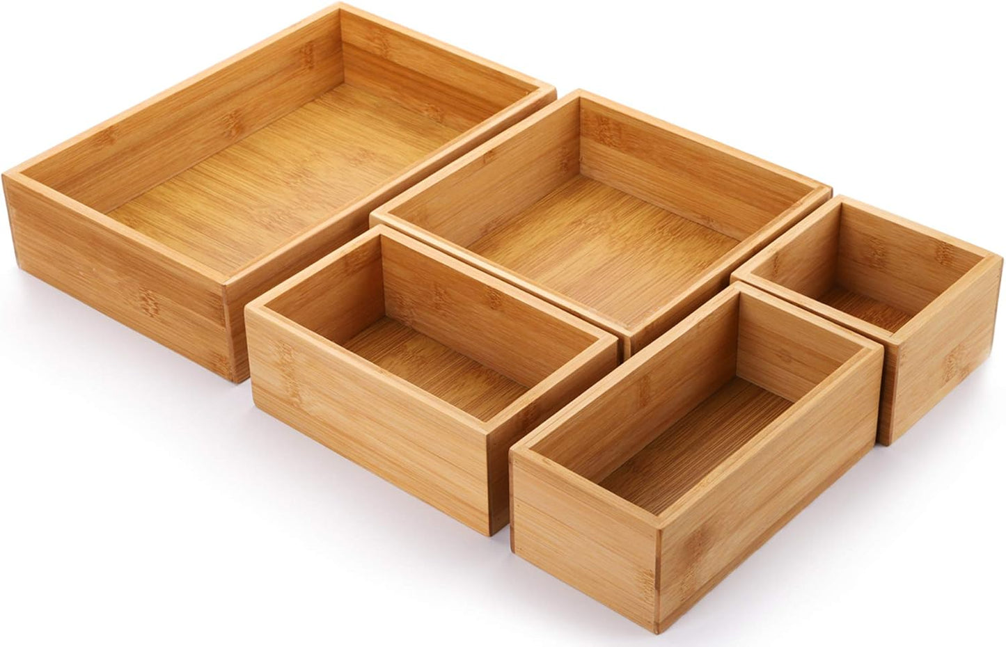 5 Bamboo Drawer Organizer Boxes, Desk Storage Box Kit
