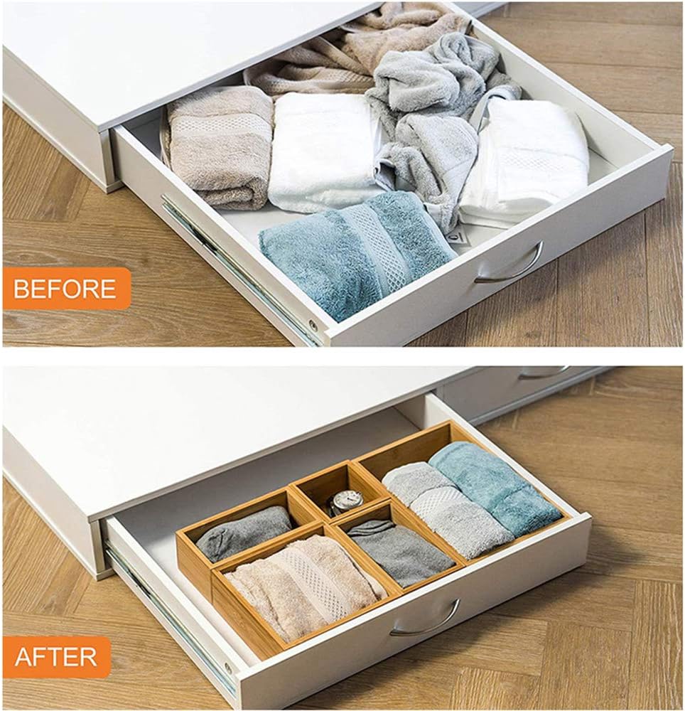 5 Bamboo Drawer Organizer Boxes, Desk Storage Box Kit