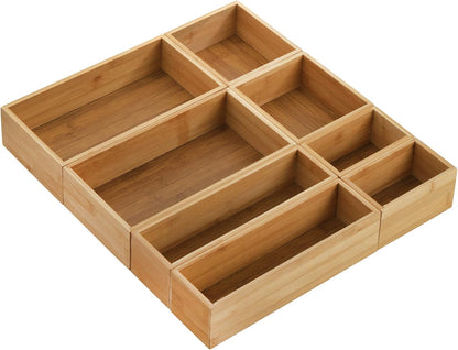 5 Bamboo Drawer Organizer Boxes, Desk Storage Box Kit