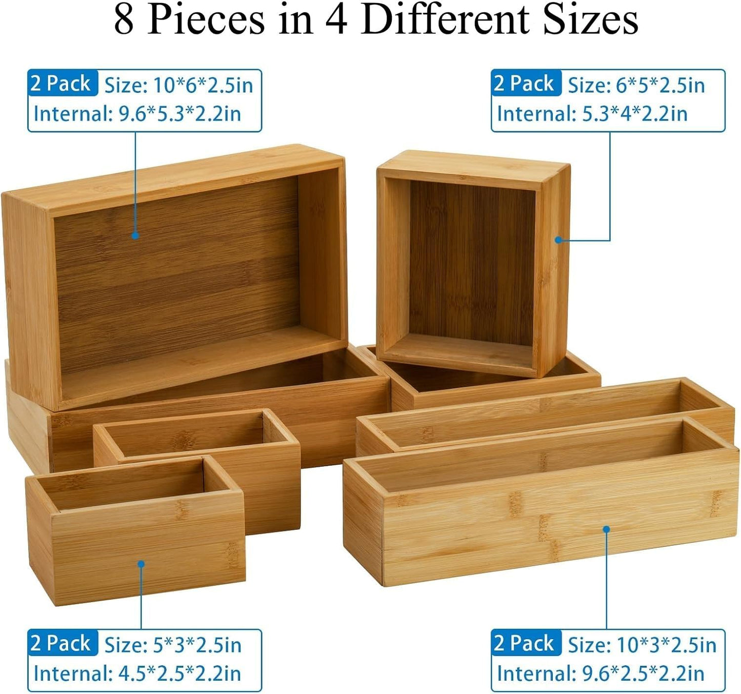 5 Bamboo Drawer Organizer Boxes, Desk Storage Box Kit