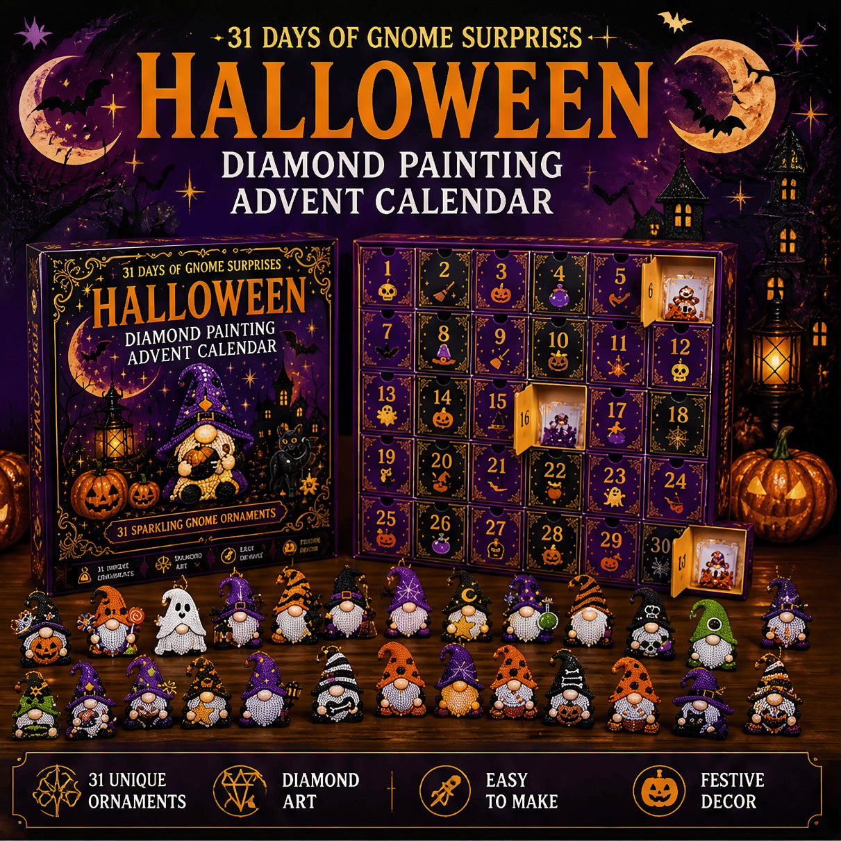 🔥HOT SALE 50% OFF - 🎃✨ 31 Days of Gnome Surprises Halloween Diamond Painting Advent Calendar