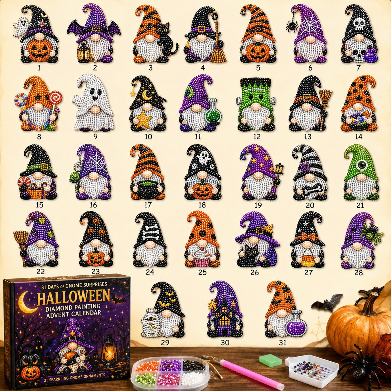 🔥HOT SALE 50% OFF - 🎃✨ 31 Days of Gnome Surprises Halloween Diamond Painting Advent Calendar