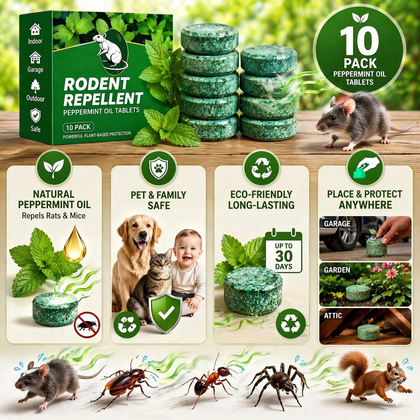 🎁HOT DEAL – Up to 49% OFF🔥🟢 Natural Peppermint Rodent Repellent Tablets – 12 Pack