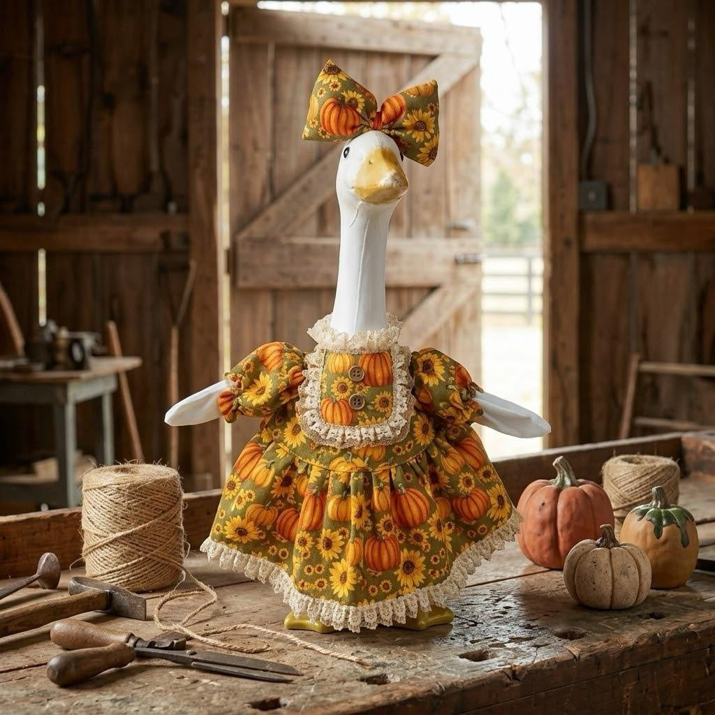 🎃Special Offer🌻 Country Harvest Porch Goose Dress – 23" Lawn Goose Pumpkin Sunflower Turkey Day Outfit