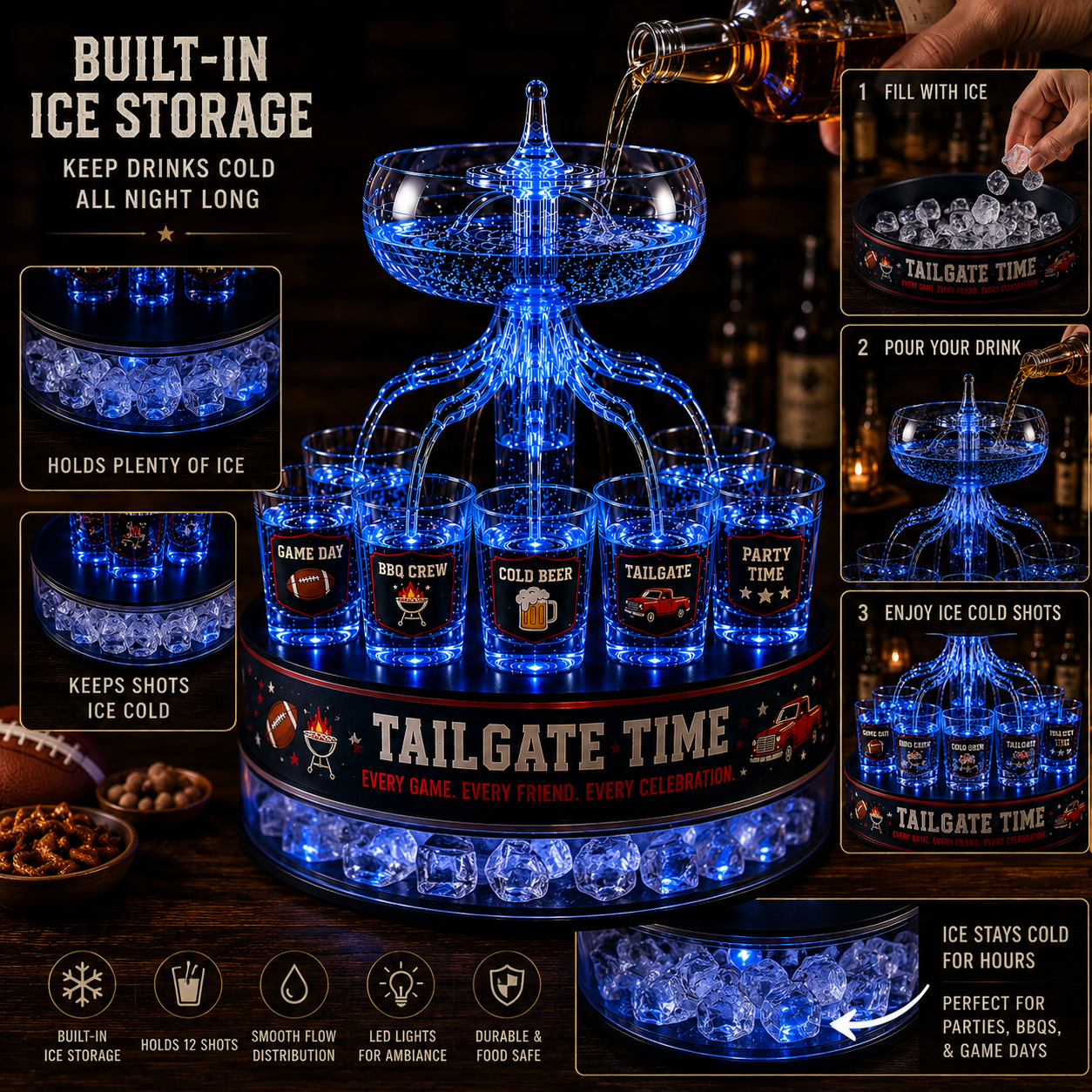 🏈 LIMITED-TIME SALE | LED Tailgate Shot Dispenser with Ice Storage Base – The Ultimate Game Day Party Centerpiece