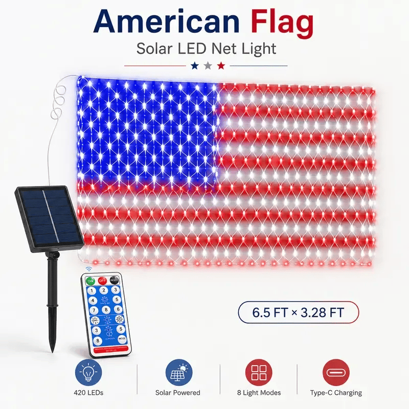 🦅🎉 Waterproof Solar American Flag Net Lights 6.5ft x 3.28ft 🇺🇸 Super Bright 420 LEDs 🔥Buy 2 Sets Free Shipping